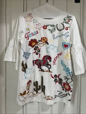 White Embroidered Texas Bell Sleeve heavy cotton T-shirt top Sz S, fits like a M
